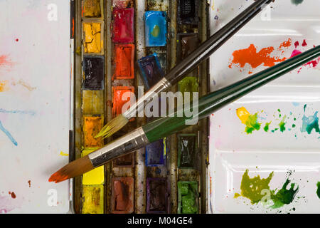 Ben utilizzati artisti acquerello tavolozza spazzola e chiudere fino Foto Stock