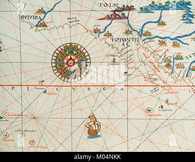 Costa di alta e bassa California e la rosa dei venti. Carta nautica. Atlas di Joan Martines, 1587. Dedicata a Filippo II. Scuola di Maiorca. Foto Stock