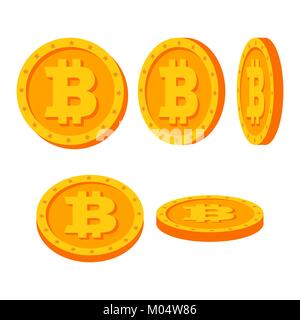 Bitcoin monete d oro Vector Set. Piatta, Cartoon. Flip angoli diversi. Valuta digitale denaro. Concetto di investimento illustrazione. La crittografia finanziare coi Illustrazione Vettoriale