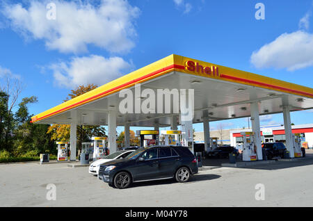 La Canada Shell Station 11 è una stazione di servizio d'epoca risalente alla metà del XX secolo, che rappresenta un'era passata della cultura automobilistica. Questa stazione riflette l'ascesa dell'industria automobilistica e l'importanza delle stazioni di rifornimento durante lo sviluppo delle infrastrutture di trasporto. Foto Stock