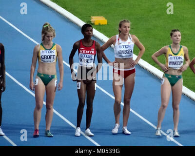 I Campionati del mondo U20 IAAF 2016 a Bydgoszcz hanno caratterizzato la finale di 3000 m steeplechase femminile, mostrando talenti atletici emergenti. L'evento ha evidenziato i migliori giovani atleti che gareggiano in una gara impegnativa, con prestazioni significative nell'atletica internazionale. Foto Stock