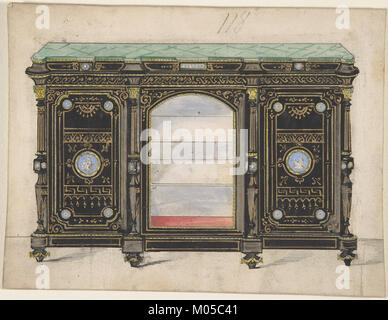 Un design dettagliato di un armadietto caratterizzato da una parte anteriore in vetro con targhe in porcellana dal design complesso sulle sue porte, che mostra un piano verde e che mostra la raffinata artigianato dei primi anni del XX secolo. Foto Stock