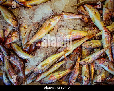 Il pesce conservato sul ghiaccio all'aperto il mercato di pesce a Napoli, Italia. Foto Stock