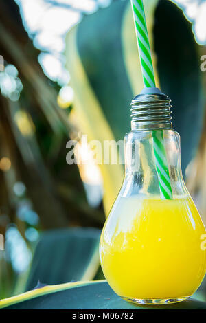 Lampadina della luce di una bottiglia di vetro con appena pressato Orange Frutti tropicali Succhi di frutta in piedi sulla foglia di agave. La luce del sole in background. Seaside Beach per vacanze di relax Foto Stock