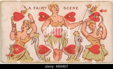 La carta dei nove cuori della Harlequin Cards 2nd Series (N220) di Kinney Brothers raffigura una scena fatata, enfatizzando l'arte stravagante della carta dei primi anni del XX secolo. Foto Stock