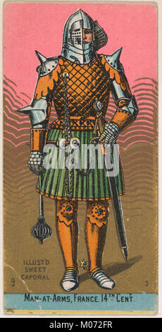Questa carta raffigura un uomo d'armi francese del XIV secolo della serie militare, che mostra armature, armi e abbigliamento storici del periodo, emessi da Kinney Tobacco per promuovere le sigarette Sweet Caporal. Foto Stock