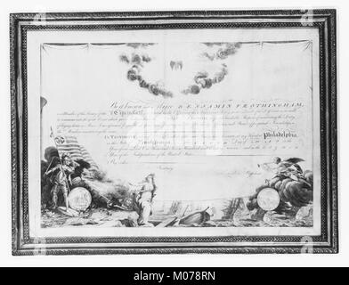 Questo certificato di appartenenza è un documento storico della Society of the Cincinnati, fondata da ufficiali dell'Esercito continentale dopo la Rivoluzione americana, che riflette le prime tradizioni militari americane. Foto Stock