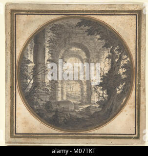 Questo dipinto raffigura un paesaggio immaginario caratterizzato da rovine classiche e antichi elementi architettonici, reso in uno stile sereno e pittoresco che mescola fantasia con riferimenti storici. Foto Stock