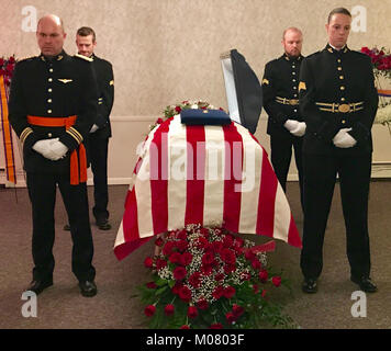 Membri della Royal Netherlands Air Force montare una guardia d'onore oltre la bandiera-drappeggiato bara degli ex stati uniti Army Air Forces Lt. Edward Fulmer durante la sua cerimonia funebre di Siracusa, N.Y. su 5 Gennaio, 2018. Fulmer era uno degli ultimi quattro membra vive dell'Ordine Militare di William, Paesi Bassi più alto premio militare. Egli è stato onorato dagli olandesi per il suo eroismo durante il funzionamento Market-Garden invasione aerotrasportata di Holland nel mese di settembre, 1944. Il New York esercito Guardia Nazionale Guardia d'Onore ha supportato l'evento. ( U.S. Air National Guard Foto Stock