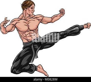 Il Karate Kung Fu Flying Kick uomo Cartoon Illustrazione Vettoriale