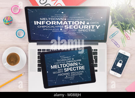 Informazioni sul concetto di sicurezza con il Meltdown e spettro minaccia sul laptop e tablet schermate dello smartphone Foto Stock