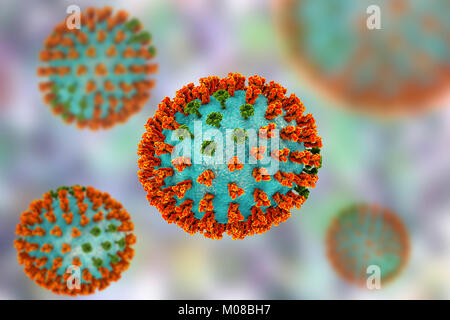 Virus influenzali di ceppo H3N2. 3D illustrazione che mostra la superficie dei picchi di glicoproteina emoagglutinina (arancione) e neuraminidasi (verde) su un influenza (flu) particella di virus. Con emoagglutinina svolge un ruolo in attacco del virus respiratorio umano cellule. Neuraminidasi gioca un ruolo nel rilascio di nuova formazione di particelle di virus da una cellula infettata. H3N2 virus sono in grado di infettare gli uccelli e i mammiferi così come gli esseri umani. Essi sono spesso causa di più gravi infezioni nei giovani e anziani rispetto ad altri ceppi influenzali e può portare ad aumenti di ricoveri e decessi. Foto Stock