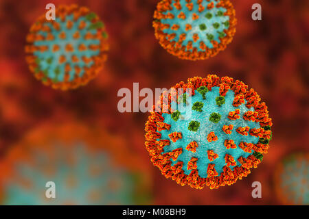 Virus influenzali di ceppo H3N2. 3D illustrazione che mostra la superficie dei picchi di glicoproteina emoagglutinina (arancione) e neuraminidasi (verde) su un influenza (flu) particella di virus. Con emoagglutinina svolge un ruolo in attacco del virus respiratorio umano cellule. Neuraminidasi gioca un ruolo nel rilascio di nuova formazione di particelle di virus da una cellula infettata. H3N2 virus sono in grado di infettare gli uccelli e i mammiferi così come gli esseri umani. Essi sono spesso causa di più gravi infezioni nei giovani e anziani rispetto ad altri ceppi influenzali e può portare ad aumenti di ricoveri e decessi. Foto Stock