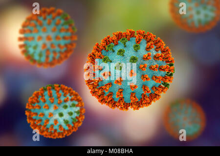 Virus influenzali di ceppo H3N2. 3D illustrazione che mostra la superficie dei picchi di glicoproteina emoagglutinina (arancione) e neuraminidasi (verde) su un influenza (flu) particella di virus. Con emoagglutinina svolge un ruolo in attacco del virus respiratorio umano cellule. Neuraminidasi gioca un ruolo nel rilascio di nuova formazione di particelle di virus da una cellula infettata. H3N2 virus sono in grado di infettare gli uccelli e i mammiferi così come gli esseri umani. Essi sono spesso causa di più gravi infezioni nei giovani e anziani rispetto ad altri ceppi influenzali e può portare ad aumenti di ricoveri e decessi. Foto Stock