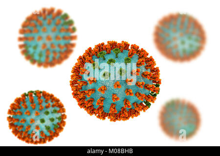 Virus influenzali di ceppo H3N2. 3D illustrazione che mostra la superficie dei picchi di glicoproteina emoagglutinina (arancione) e neuraminidasi (verde) su un influenza (flu) particella di virus. Con emoagglutinina svolge un ruolo in attacco del virus respiratorio umano cellule. Neuraminidasi gioca un ruolo nel rilascio di nuova formazione di particelle di virus da una cellula infettata. H3N2 virus sono in grado di infettare gli uccelli e i mammiferi così come gli esseri umani. Essi sono spesso causa di più gravi infezioni nei giovani e anziani rispetto ad altri ceppi influenzali e può portare ad aumenti di ricoveri e decessi. Foto Stock