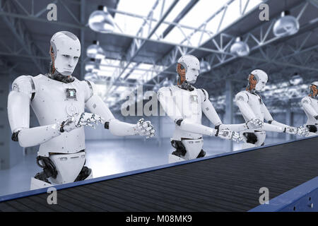 3D rendering robot androide linea di assemblaggio con la linea di trasporto Foto Stock