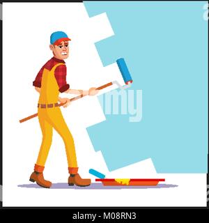 Parete di vettore di pittore. Lavoratore a lavoro. Parete di pittura. Piatto isolato personaggio dei fumetti illustrazione Illustrazione Vettoriale