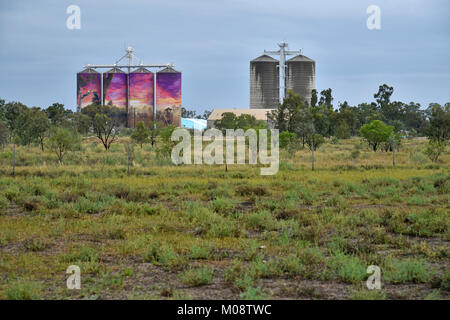 Il silos a Thallon nel Queensland, in Australia che hanno avuto i murali creato su di loro come attrazione turistica, raffigurante il fiume dei moonie regione Foto Stock