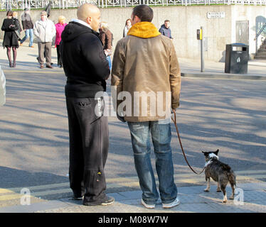 Festival turisti giovani ragazzi maschi con cani pericolosi di sunny pm waverley Bridge in attesa al marciapiede visto da dietro Foto Stock