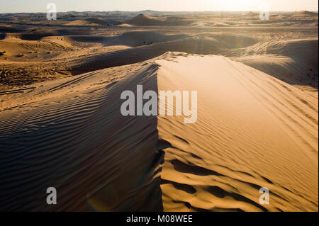 Sabbia dunesduring tramonto nel deserto negli Emirati Arabi Uniti. Foto Stock