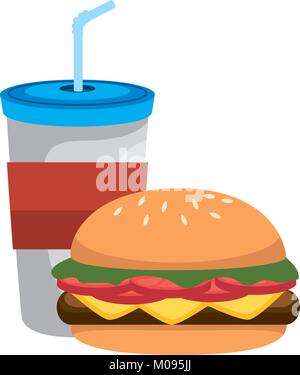 Bevanda in tazza plasttic con burger illustrazione vettoriale design Illustrazione Vettoriale