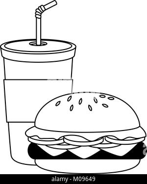 Bevanda in tazza plasttic con burger illustrazione vettoriale design Illustrazione Vettoriale