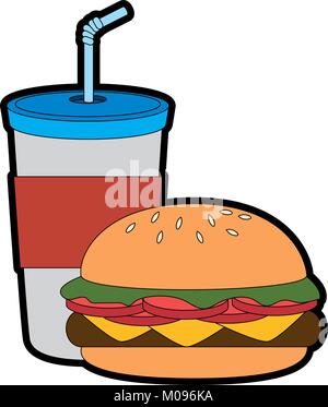 Bevanda in tazza plasttic con burger illustrazione vettoriale design Illustrazione Vettoriale