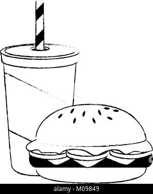 Bevanda in tazza plasttic con burger illustrazione vettoriale design Illustrazione Vettoriale