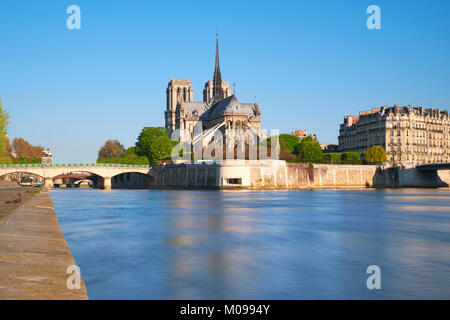 Parigi, vista sul fiume Senna con la cattedrale di Notre Dame dal retro su un luminoso giorno di primavera. Foto Stock