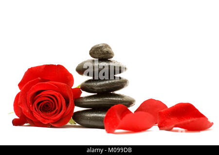 Red Rose, petali e pietre di colore nero Foto Stock