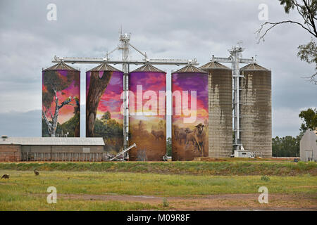 Il silos a Thallon nel Queensland, in Australia che hanno avuto i murali creato su di loro come attrazione turistica, raffigurante il fiume dei moonie regione Foto Stock