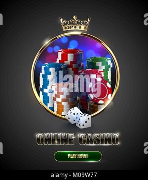 Round roulette del casinò Golden finestra cornice con la corona, stack di chips e dadi bianco sul luminoso sfondo bokeh di fondo. Il gioco d'azzardo online vintage club vec Illustrazione Vettoriale