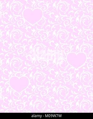 Rosa seamless pattern con cuori e bianco elemento floreale. Il barocco il giorno di San Valentino amore sfondo vettoriale Illustrazione Vettoriale