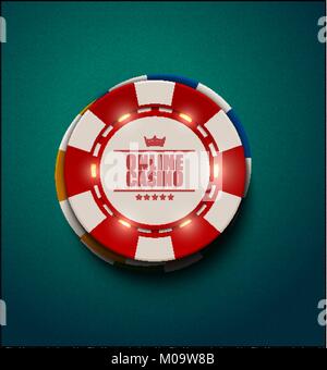 Vector casinò poker chip con spia luminosa elementi, vista dall'alto. Blu Verde textured background. Online casino blackjack, poster, eps 10 illustrazione Illustrazione Vettoriale