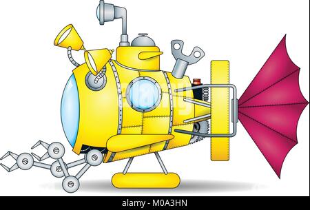 Disegno di un fantastico giallo mini Toy sottomarino con bracci meccanici visto dal lato su sfondo bianco. Immagine vettoriale Illustrazione Vettoriale