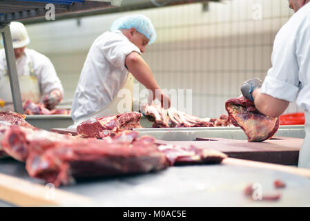 Gruppo di macellai lavora in un macello e tagli appena abbattuti (carne di manzo e di maiale) per la vendita e l'ulteriore elaborazione di salsiccia Foto Stock