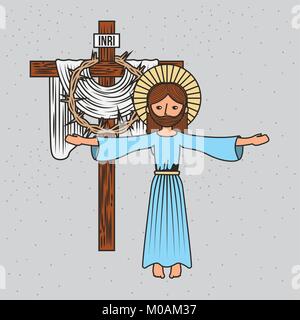 Cartoon Gesù ascensione di Cristo croce e spine di corona Illustrazione Vettoriale