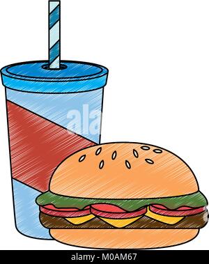 Bevanda in tazza plasttic con burger illustrazione vettoriale design Illustrazione Vettoriale