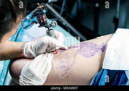 Tattooer donna che mostra il procedimento di preparazione di un tatuaggio uccello sulla donna. Tattoo design pattern in Foto Stock
