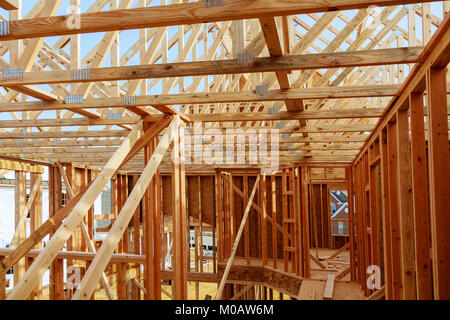 Nuova Costruzione Legno Home inquadratura astratta. Nuova costruzione home framing Foto Stock