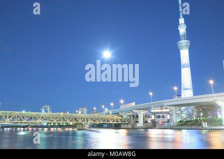 Tokyo il famoso edificio di riferimento chiamata Sky Tree come si vede dal Fiume Sumida Foto Stock