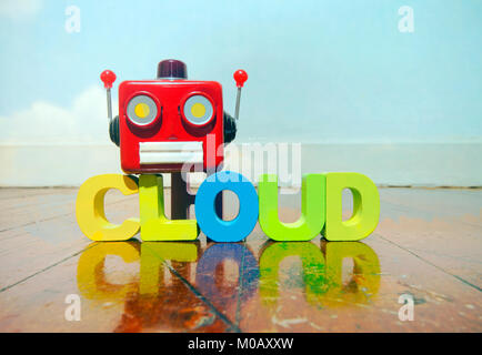 Retro rosso testa del robot sulla parola cloud su vecchio pavimento in legno Foto Stock