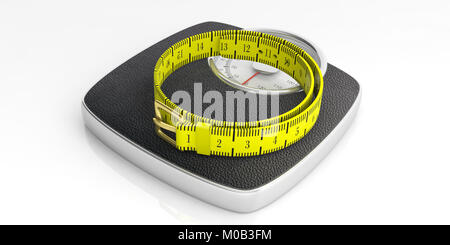 Il controllo del peso del concetto. Bilancia da bagno e nastro di misura isolati su sfondo bianco, vista da sopra. 3d illustrazione Foto Stock
