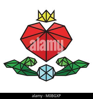 Vettore Collezione di poligonale cuore rosso su sfondo bianco con diamanti e foglia verde Illustrazione Vettoriale