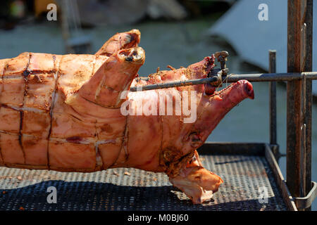 Festa medievale: arrosto di maiale allo spiedo su un fuoco aperto Foto Stock