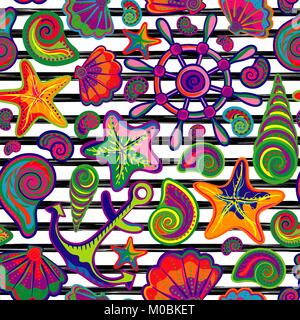 Vector pattern senza giunture di conchiglie marine su sfondo a strisce. Disegnata a mano vintage illustrazioni incise di oceano animali subacquei. Illustrazione Vettoriale