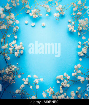 Gypsophila, Baby's-respiro fiori su sfondo blu. Fiori bianchi telaio, vista dall'alto, spazio di copia Foto Stock