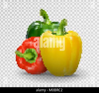 Set di tre peperoni. Giallo, rosso e il pepe verde. Realistico illustrazione vettoriale di paprika. Illustrazione Vettoriale