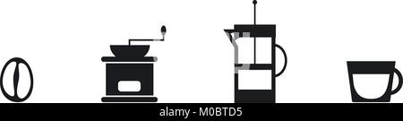 Illustrazione Vettoriale. Set di quattro icone semplici con caffè Tema: chicco di caffè, classica mola, French press il bollitore e la tazza piccola. Nero, isolata. Illustrazione Vettoriale