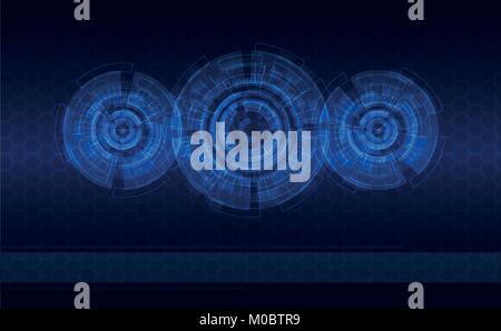 Vettore sfondo astratto: Tre blu luminescente di cicli su un motivo esagonale con una striscia di testo. Hi-Tech/ Sci-Fi// futuristica in stile di tecnologia. Illustrazione Vettoriale